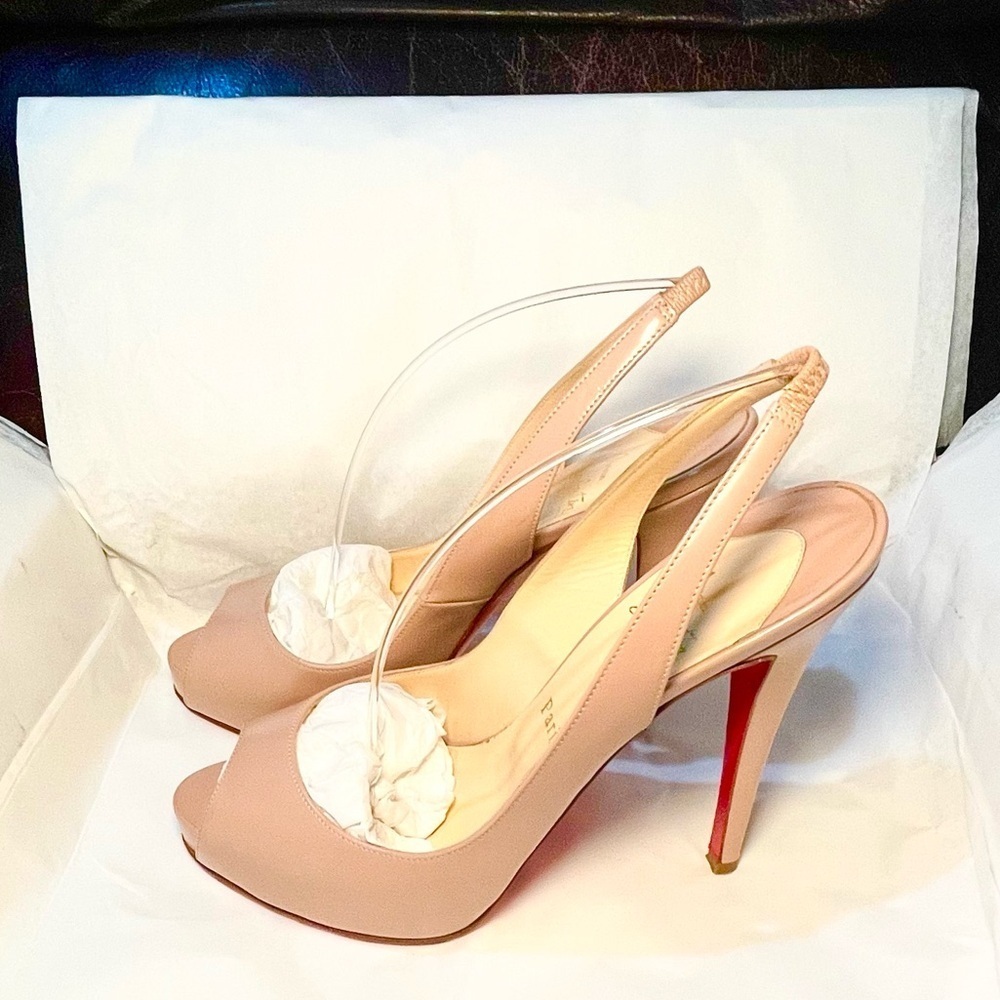 Christian Louboutin NoPrive 120 nude patent kid leather Peep slingback pump 39.5 - Picture 7 of 11